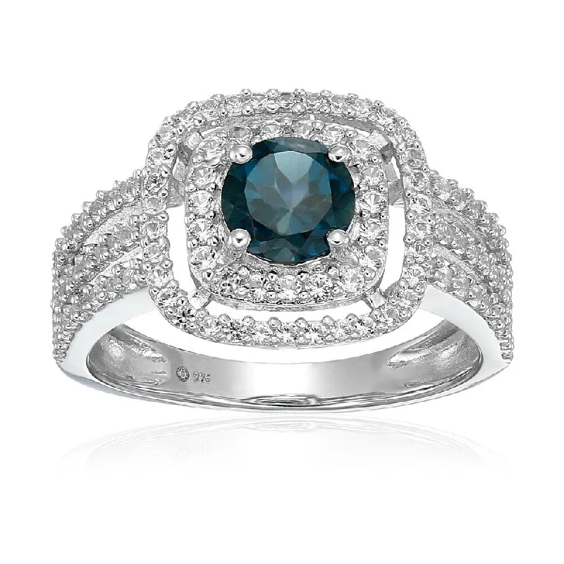 Sterling Silver London Blue Topaz and Created White Sapphire Double Halo Engagement Ring, Size 7