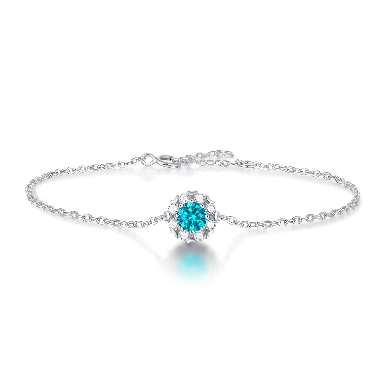 Sterling Silver with 0.50ctw Lab Created Moissanite & Blue Topaz Round Halo Adjustable Station Charm Bracelet