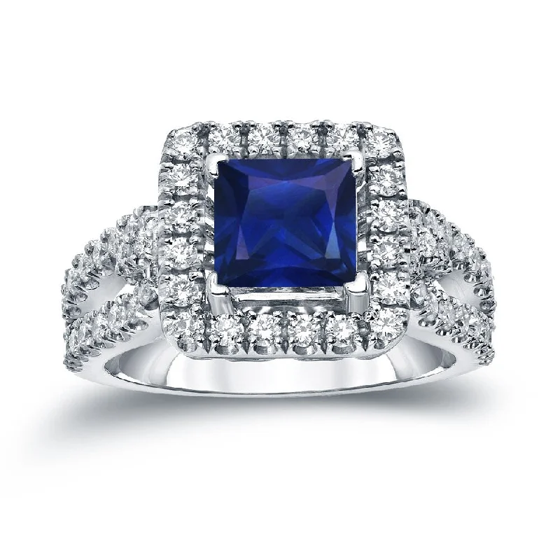 Auriya 1ct Princess Cut Blue Sapphire and 3/4ctw Halo Diamond Engagement Ring 14k Gold (H-I, SI1-SI2)