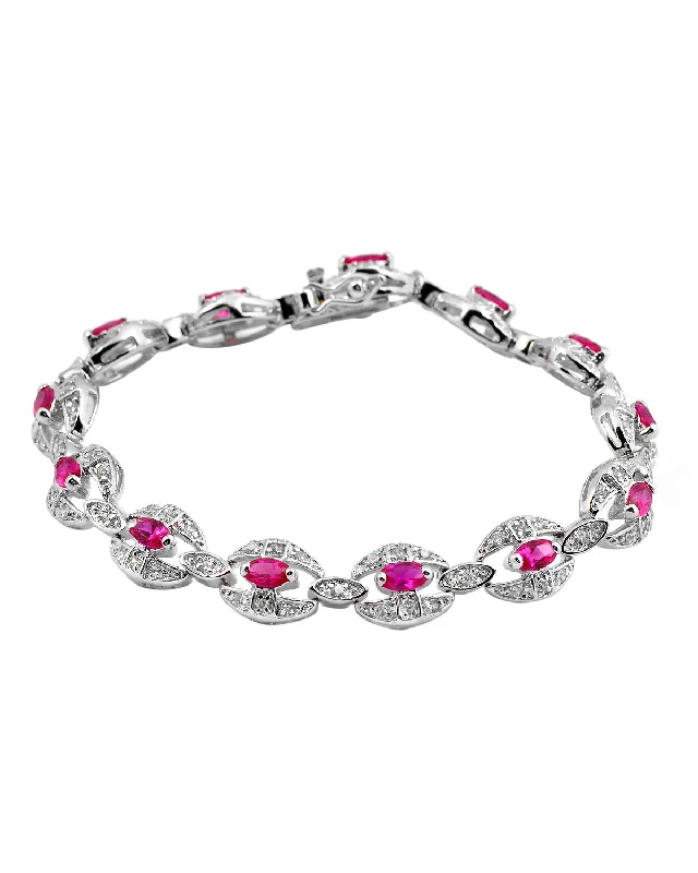 Cubic Zirconia Sterling Silver Red Cubic Zirconia Link Fashion Bracelet