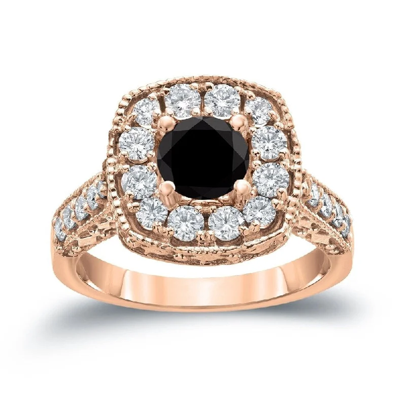 Auriya 14k Gold 1 1/2ctw Milgrain Halo Black Diamond Engagement Ring