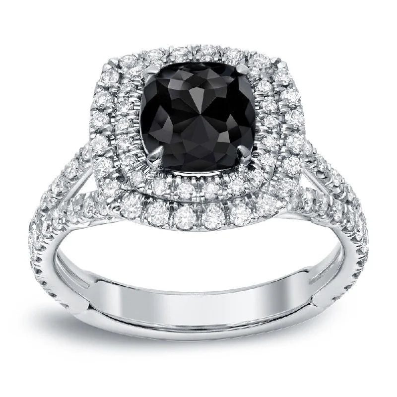 Auriya 18k Gold 2 1/4ctw Cushion-cut Double Halo Black Diamond Engagement Ring (H-I, SI1-SI2)