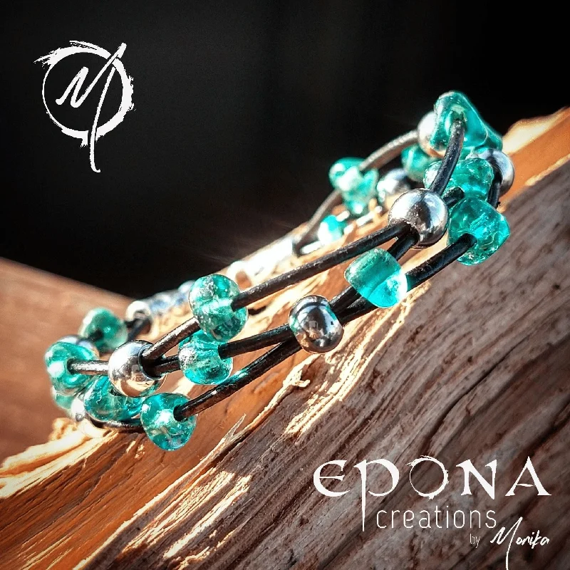 Teal Green glass beaded leather bracelet