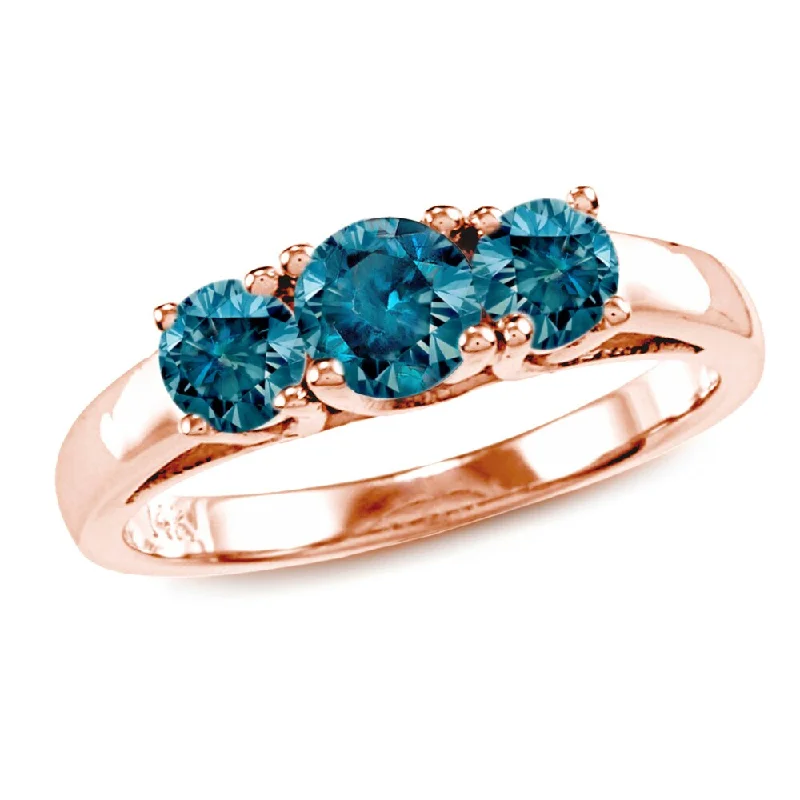 Auriya 1ctw Round 3 Stone Blue Diamond Engagement Ring 14k Rose Gold