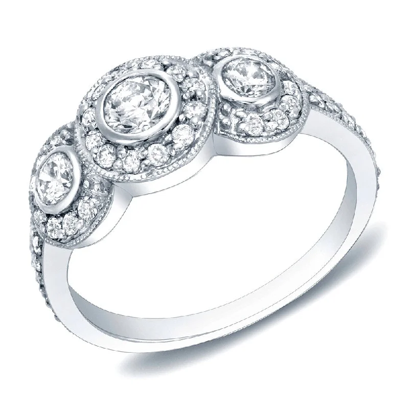 Auriya 1ct TDW Round 3-Stone Bezel Diamond Halo Engagement Ring 14k White Gold (H-I, SI1-SI2)